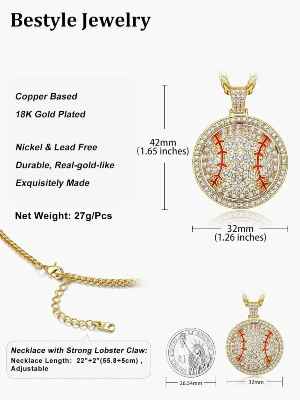 Stylish Bling Sports Necklace for Men - CZ Gold Chain with Ball Pendant Jewelry